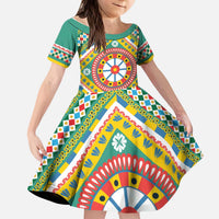 Sicily Italy Carretto Siciliano Kid Short Sleeve Dress Green Sicilian Cart Wheel Pattern