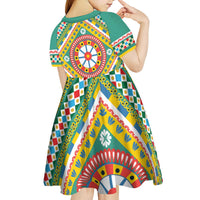 Sicily Italy Carretto Siciliano Kid Short Sleeve Dress Green Sicilian Cart Wheel Pattern
