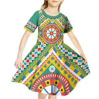 Sicily Italy Carretto Siciliano Kid Short Sleeve Dress Green Sicilian Cart Wheel Pattern