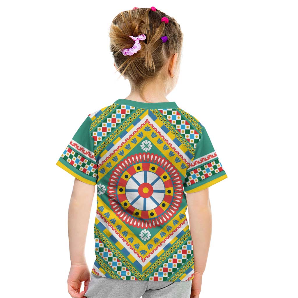 Sicily Italy Carretto Siciliano Kid T Shirt Green Sicilian Cart Wheel Pattern