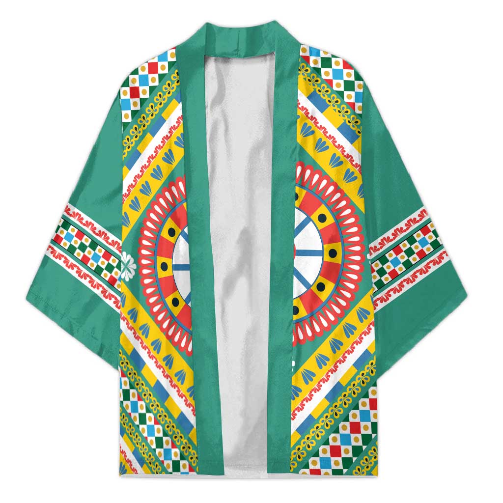 Sicily Italy Carretto Siciliano Kimono Green Sicilian Cart Wheel Pattern