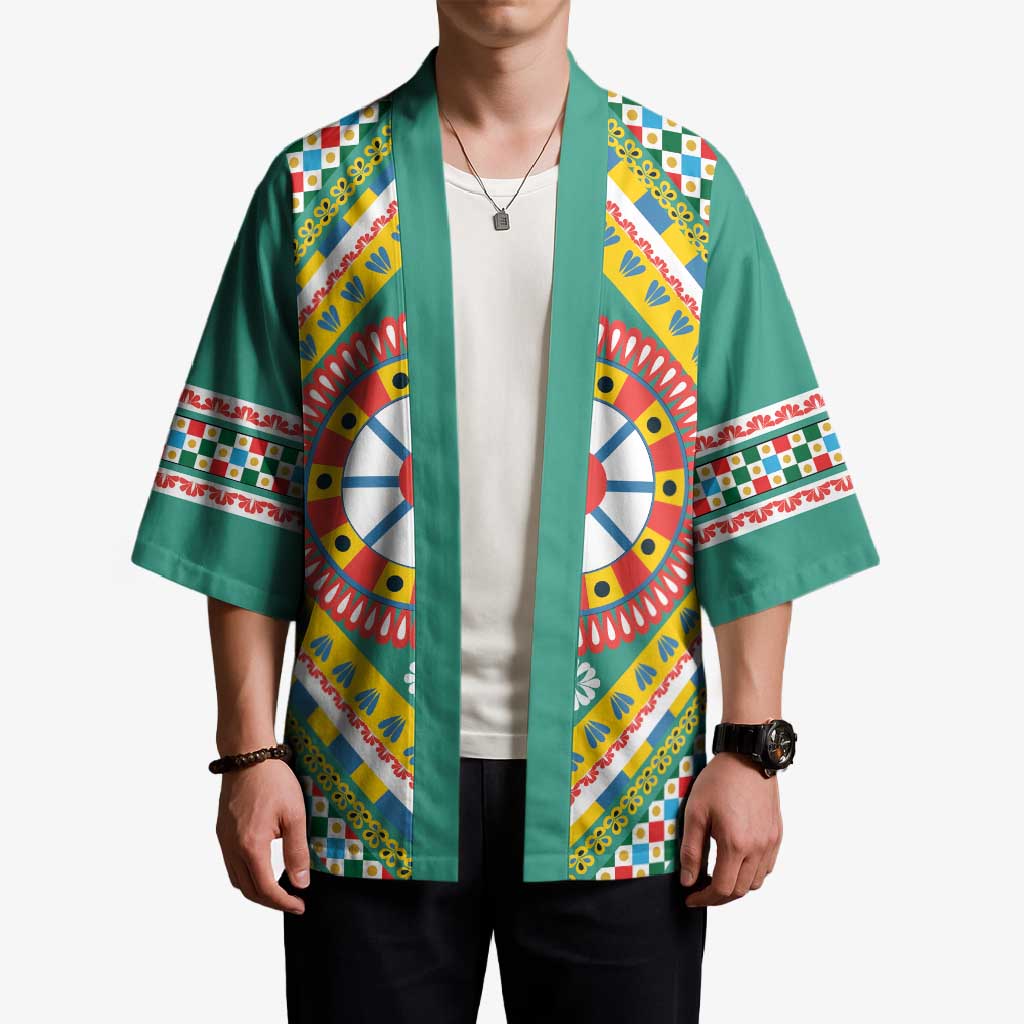 Sicily Italy Carretto Siciliano Kimono Green Sicilian Cart Wheel Pattern