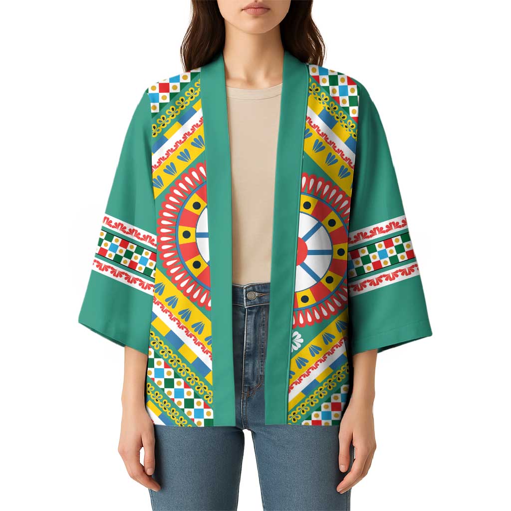 Sicily Italy Carretto Siciliano Kimono Green Sicilian Cart Wheel Pattern