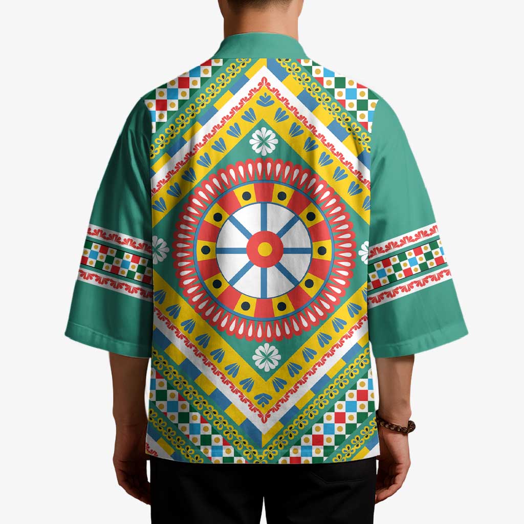Sicily Italy Carretto Siciliano Kimono Green Sicilian Cart Wheel Pattern