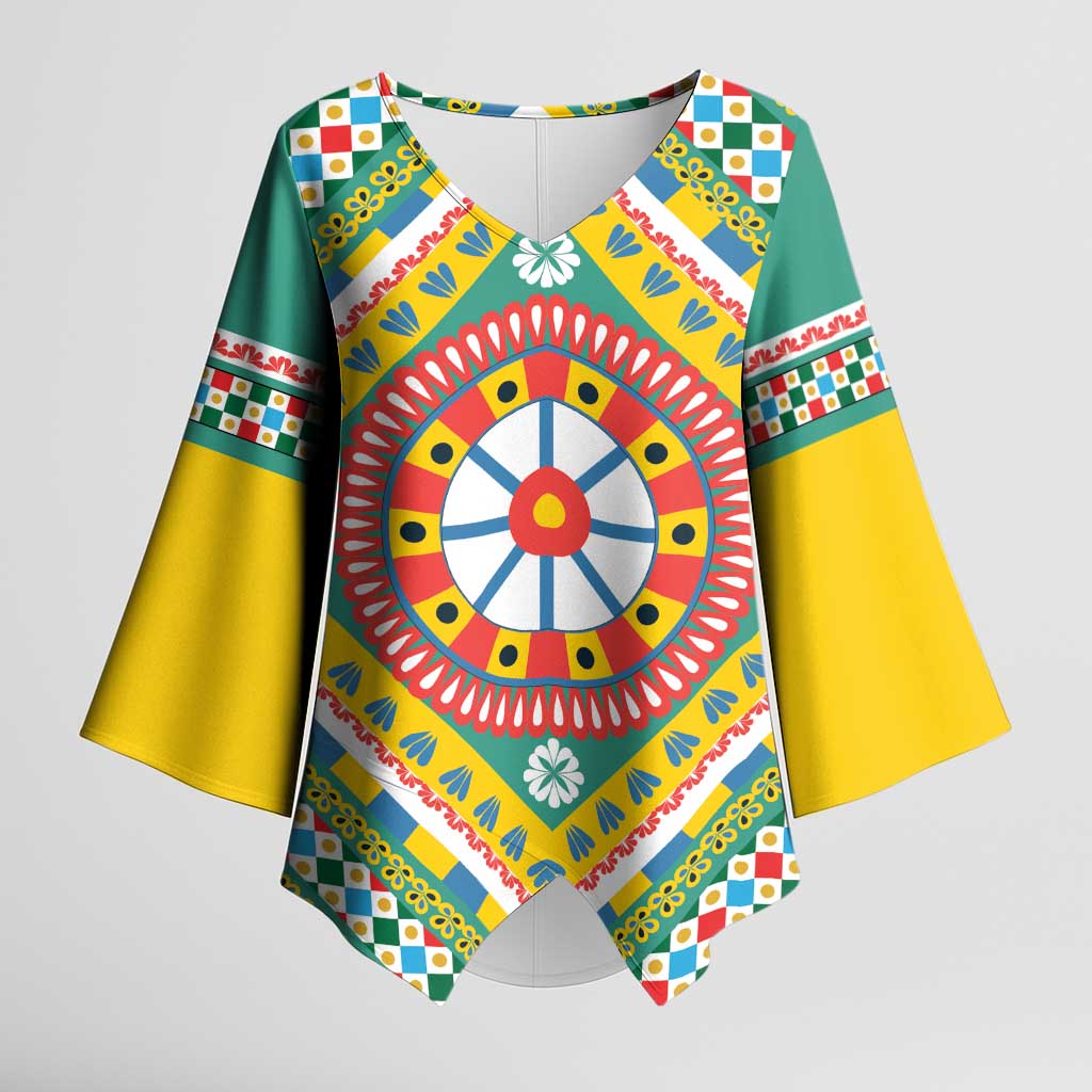 Sicily Italy Carretto Siciliano Kimono Sleeve Blouse Green Sicilian Cart Wheel Pattern