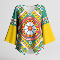 Sicily Italy Carretto Siciliano Kimono Sleeve Blouse Green Sicilian Cart Wheel Pattern