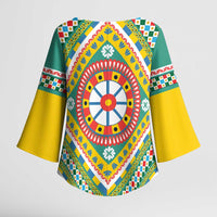 Sicily Italy Carretto Siciliano Kimono Sleeve Blouse Green Sicilian Cart Wheel Pattern