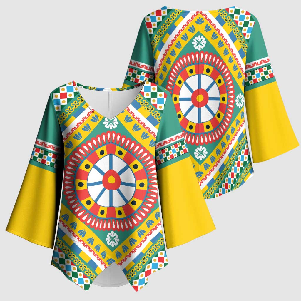 Sicily Italy Carretto Siciliano Kimono Sleeve Blouse Green Sicilian Cart Wheel Pattern