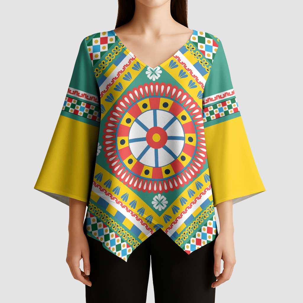 Sicily Italy Carretto Siciliano Kimono Sleeve Blouse Green Sicilian Cart Wheel Pattern