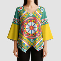 Sicily Italy Carretto Siciliano Kimono Sleeve Blouse Green Sicilian Cart Wheel Pattern