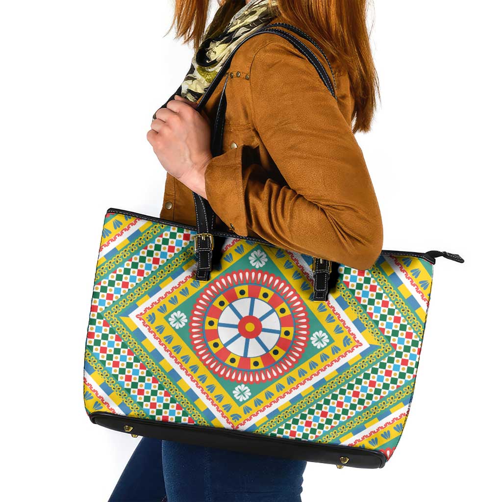 Sicily Italy Carretto Siciliano Leather Tote Bag Green Sicilian Cart Wheel Pattern