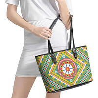 Sicily Italy Carretto Siciliano Leather Tote Bag Green Sicilian Cart Wheel Pattern