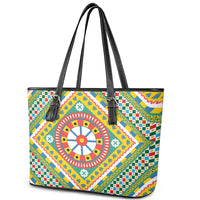 Sicily Italy Carretto Siciliano Leather Tote Bag Green Sicilian Cart Wheel Pattern