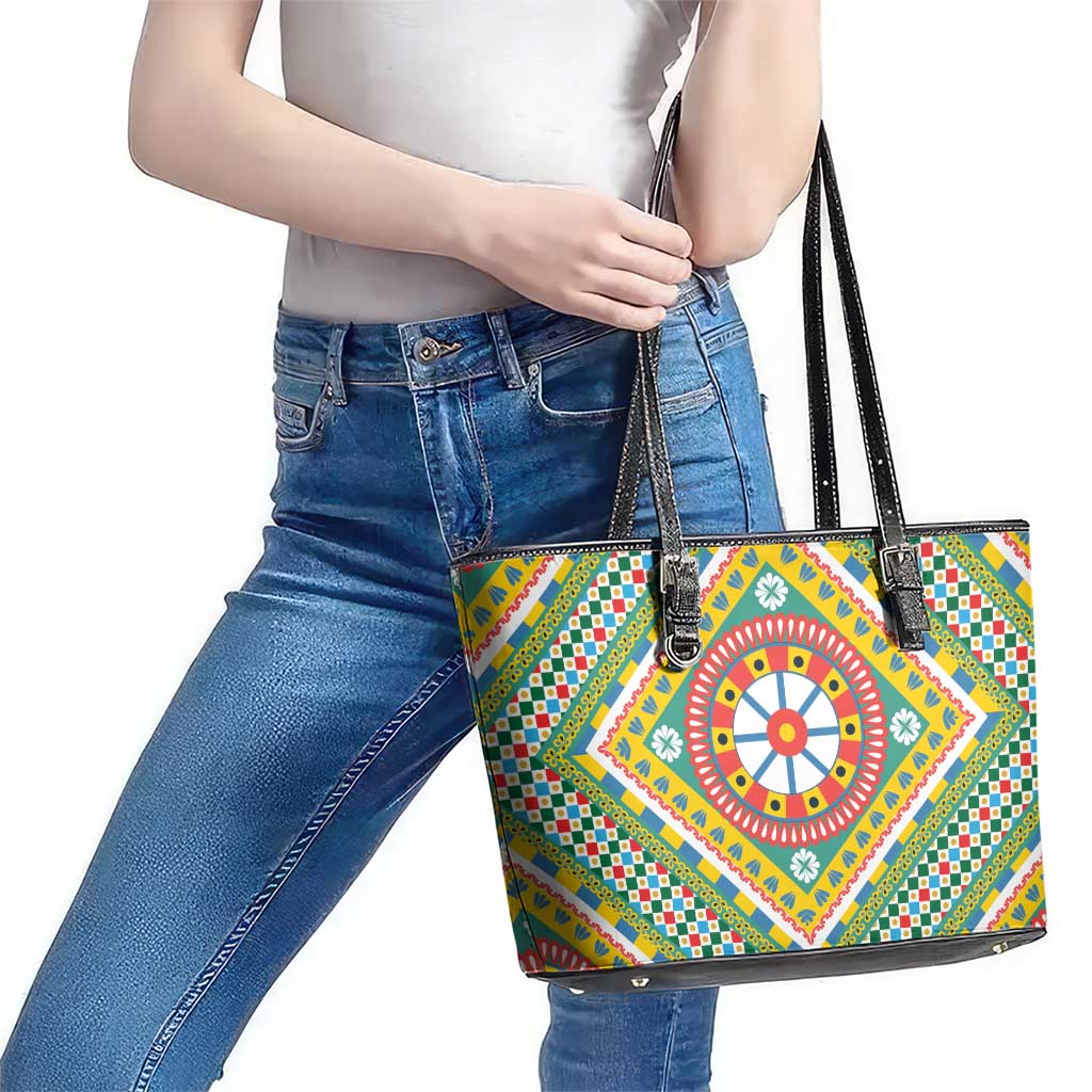 Sicily Italy Carretto Siciliano Leather Tote Bag Green Sicilian Cart Wheel Pattern