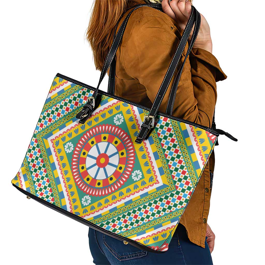 Sicily Italy Carretto Siciliano Leather Tote Bag Green Sicilian Cart Wheel Pattern