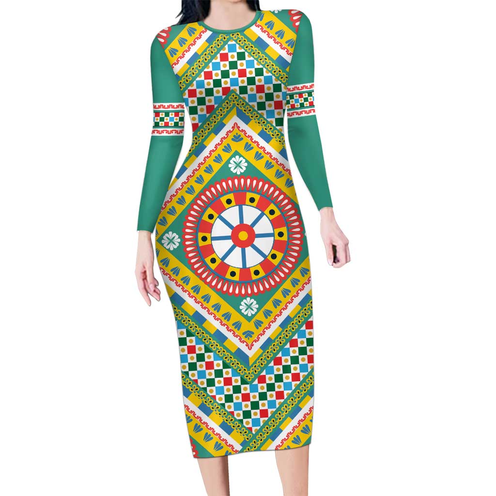 Sicily Italy Carretto Siciliano Long Sleeve Bodycon Dress Green Sicilian Cart Wheel Pattern