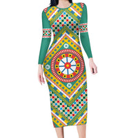 Sicily Italy Carretto Siciliano Long Sleeve Bodycon Dress Green Sicilian Cart Wheel Pattern