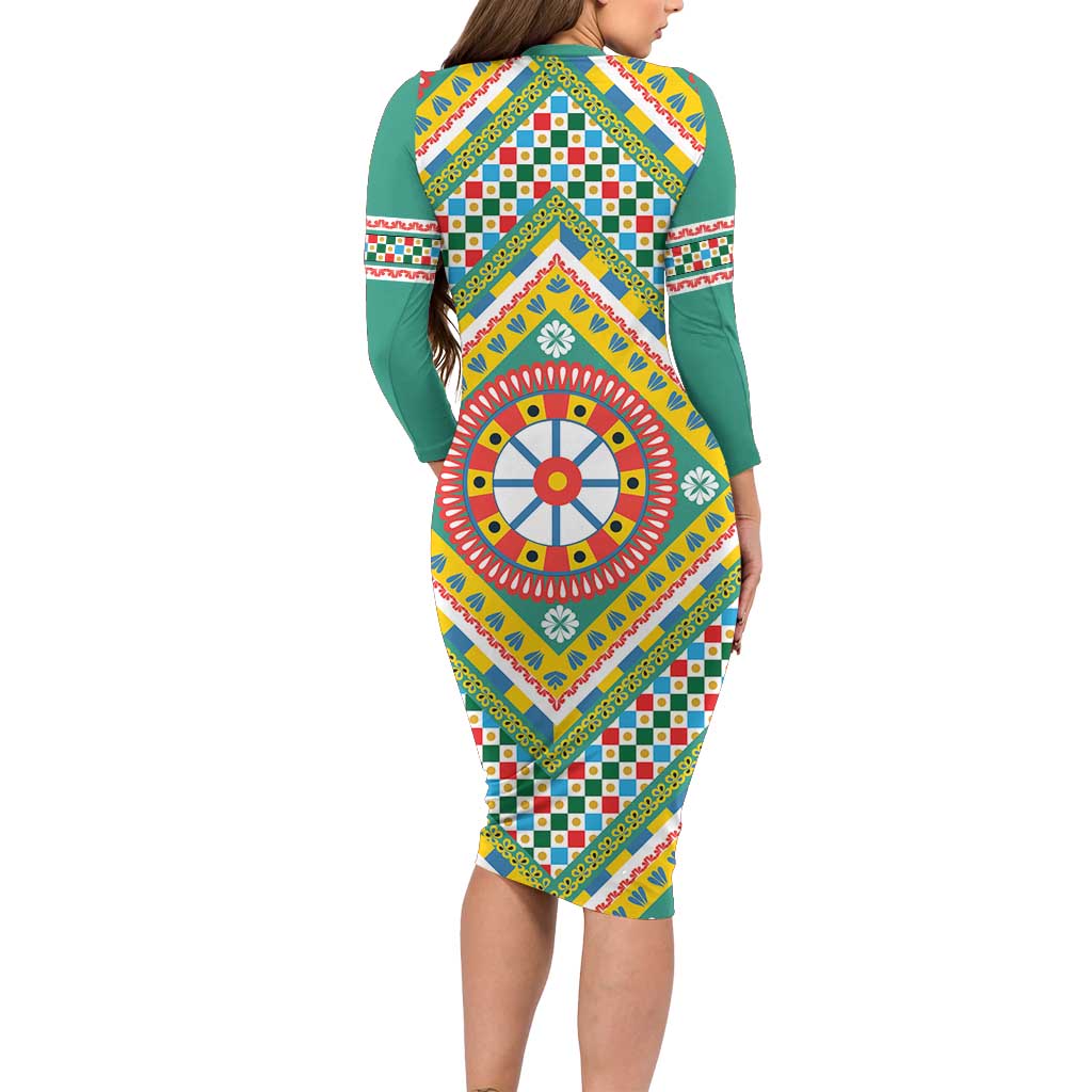 Sicily Italy Carretto Siciliano Long Sleeve Bodycon Dress Green Sicilian Cart Wheel Pattern