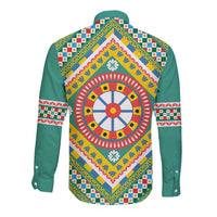 Sicily Italy Carretto Siciliano Long Sleeve Button Shirt Green Sicilian Cart Wheel Pattern