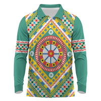Sicily Italy Carretto Siciliano Long Sleeve Polo Shirt Green Sicilian Cart Wheel Pattern