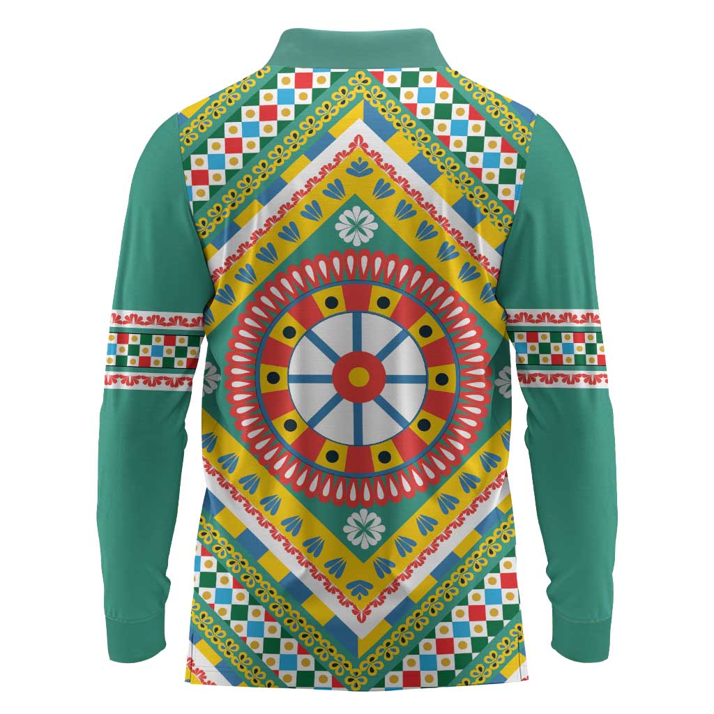 Sicily Italy Carretto Siciliano Long Sleeve Polo Shirt Green Sicilian Cart Wheel Pattern