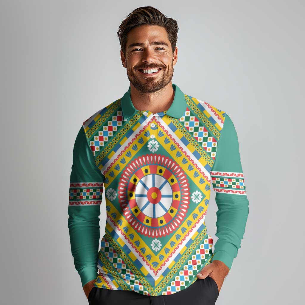 Sicily Italy Carretto Siciliano Long Sleeve Polo Shirt Green Sicilian Cart Wheel Pattern