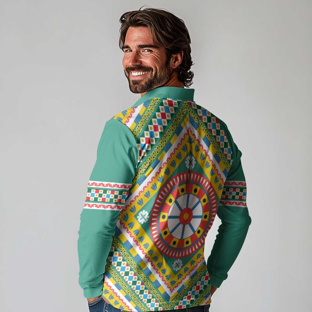 Sicily Italy Carretto Siciliano Long Sleeve Polo Shirt Green Sicilian Cart Wheel Pattern