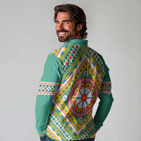 Sicily Italy Carretto Siciliano Long Sleeve Polo Shirt Green Sicilian Cart Wheel Pattern