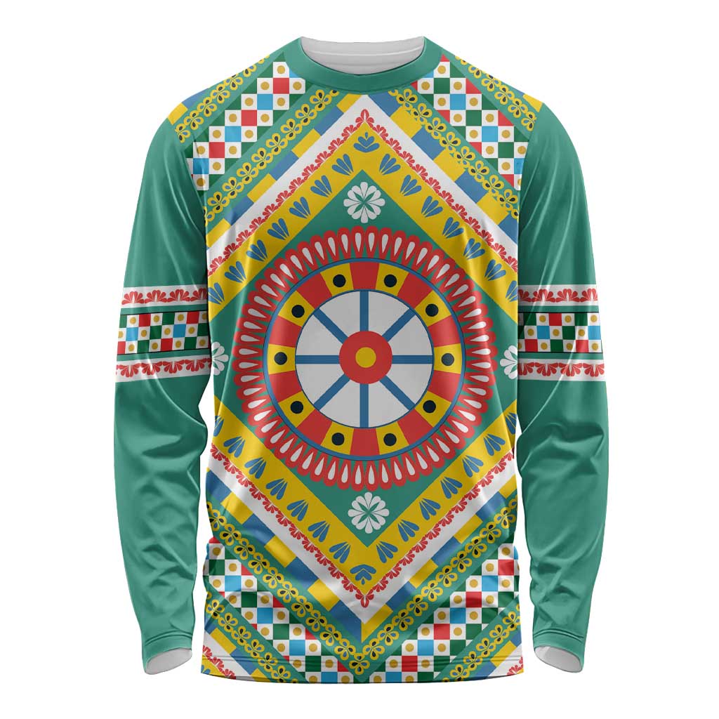 Sicily Italy Carretto Siciliano Long Sleeve Shirt Green Sicilian Cart Wheel Pattern