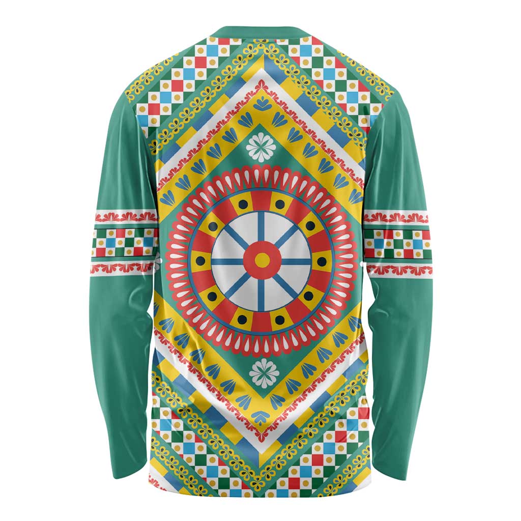 Sicily Italy Carretto Siciliano Long Sleeve Shirt Green Sicilian Cart Wheel Pattern