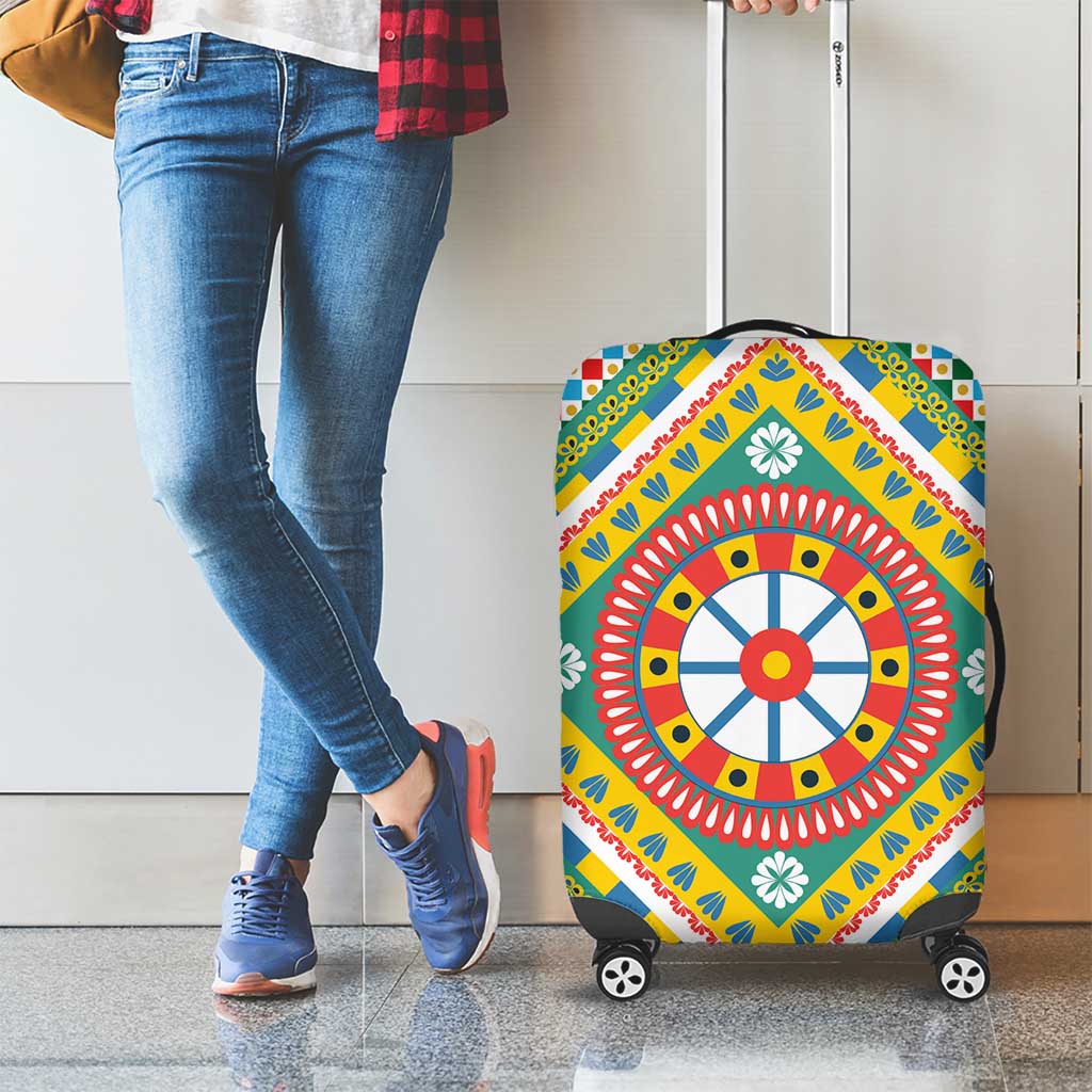 Sicily Italy Carretto Siciliano Luggage Cover Green Sicilian Cart Wheel Pattern