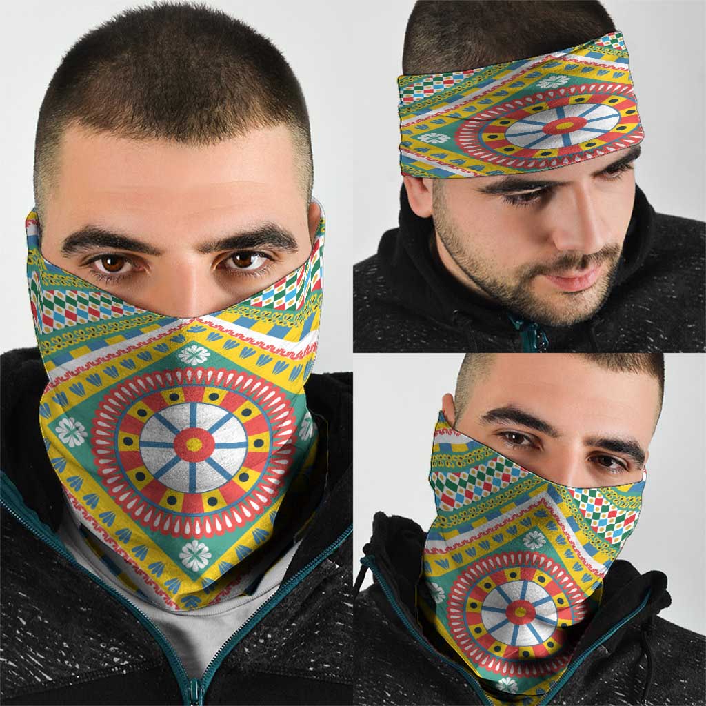 Sicily Italy Carretto Siciliano Neck Gaiter Green Sicilian Cart Wheel Pattern
