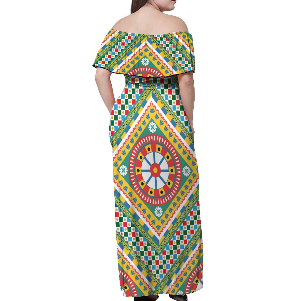 Sicily Italy Carretto Siciliano Off Shoulder Maxi Dress Green Sicilian Cart Wheel Pattern