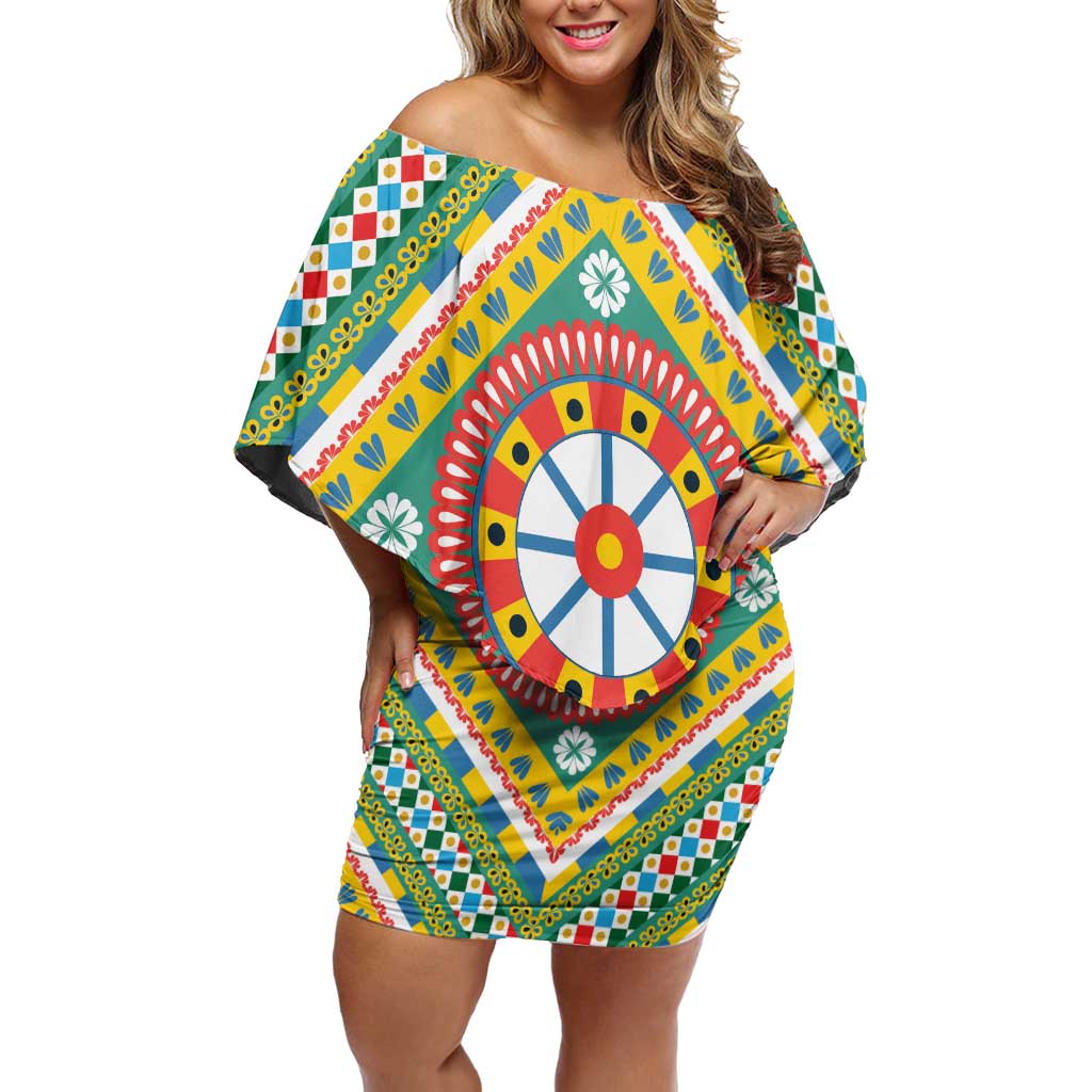 Sicily Italy Carretto Siciliano Off Shoulder Short Dress Green Sicilian Cart Wheel Pattern