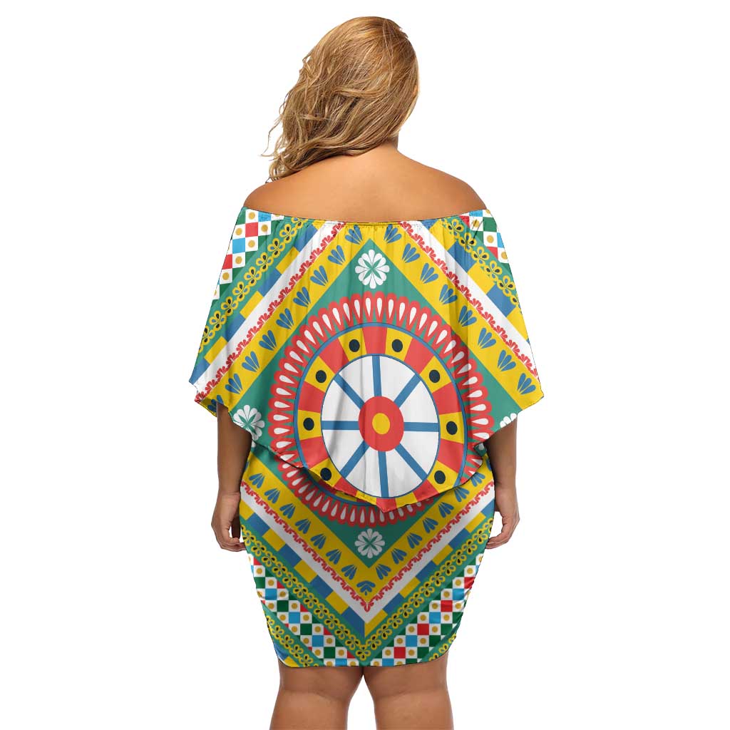 Sicily Italy Carretto Siciliano Off Shoulder Short Dress Green Sicilian Cart Wheel Pattern