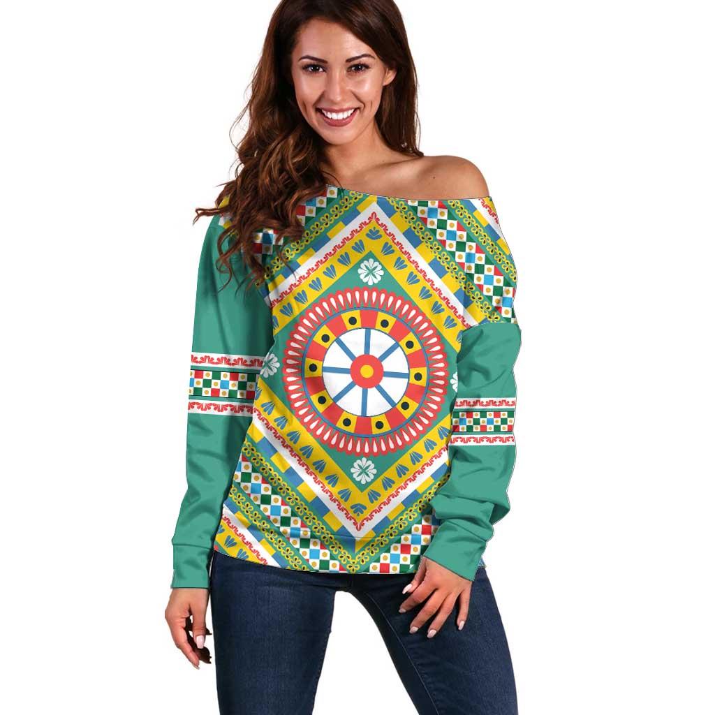Sicily Italy Carretto Siciliano Off Shoulder Sweater Green Sicilian Cart Wheel Pattern