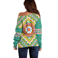 Sicily Italy Carretto Siciliano Off Shoulder Sweater Green Sicilian Cart Wheel Pattern