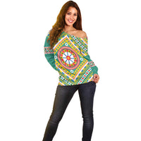 Sicily Italy Carretto Siciliano Off Shoulder Sweater Green Sicilian Cart Wheel Pattern