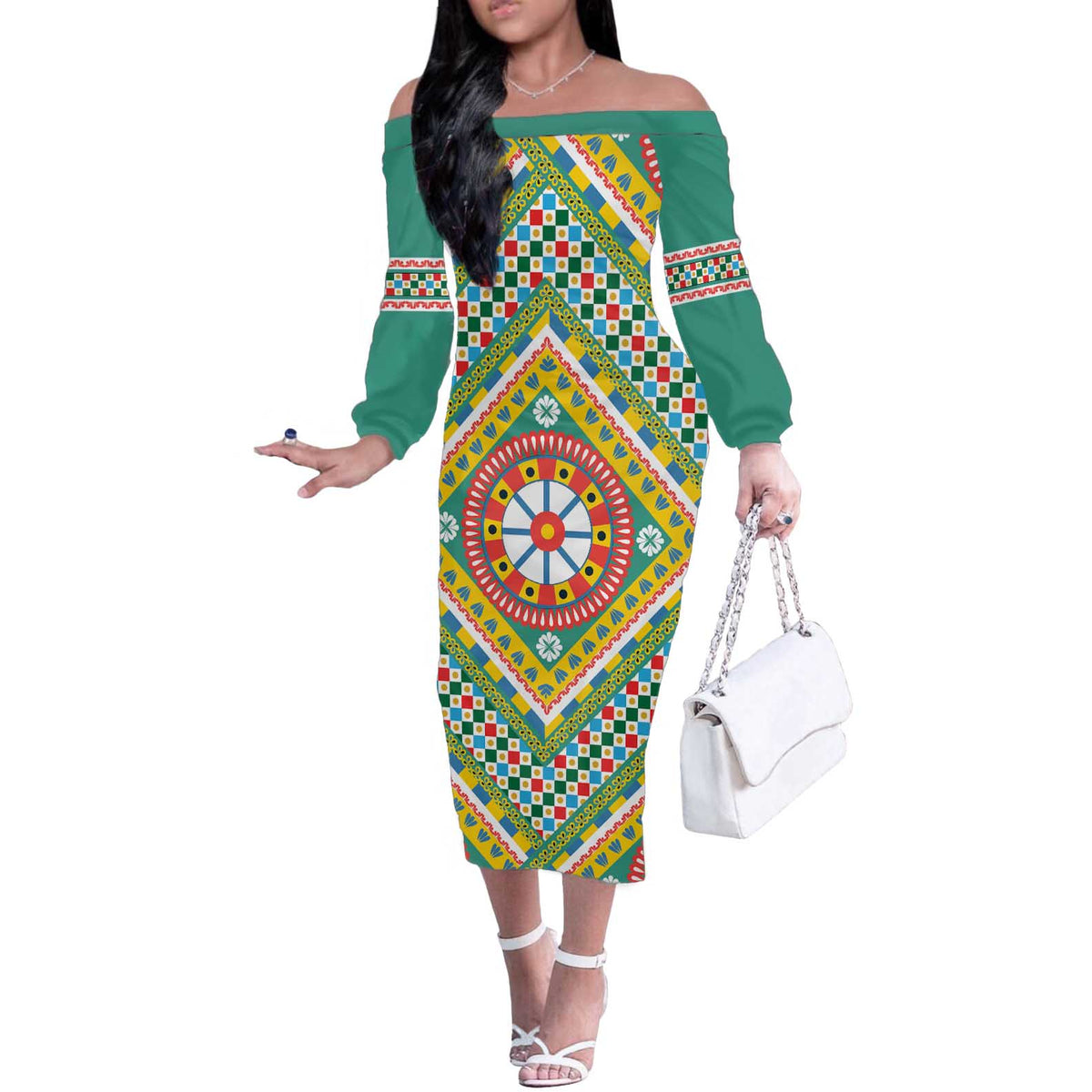 Sicily Italy Carretto Siciliano Off The Shoulder Long Sleeve Dress Green Sicilian Cart Wheel Pattern