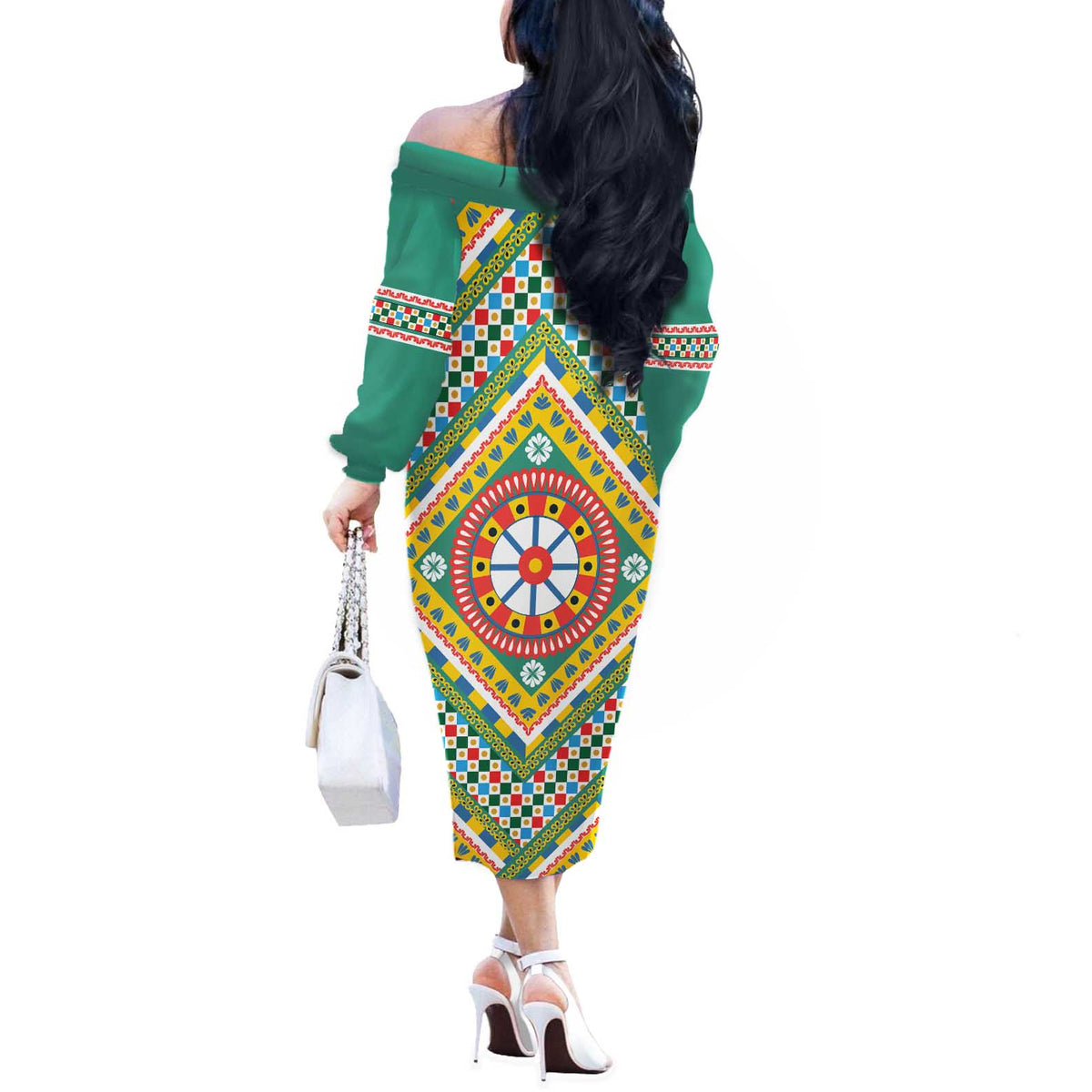 Sicily Italy Carretto Siciliano Off The Shoulder Long Sleeve Dress Green Sicilian Cart Wheel Pattern