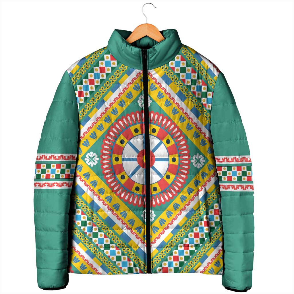 Sicily Italy Carretto Siciliano Padded Jacket Green Sicilian Cart Wheel Pattern
