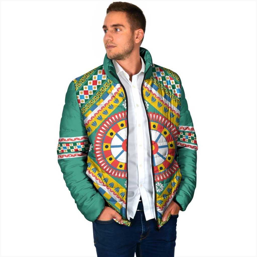 Sicily Italy Carretto Siciliano Padded Jacket Green Sicilian Cart Wheel Pattern