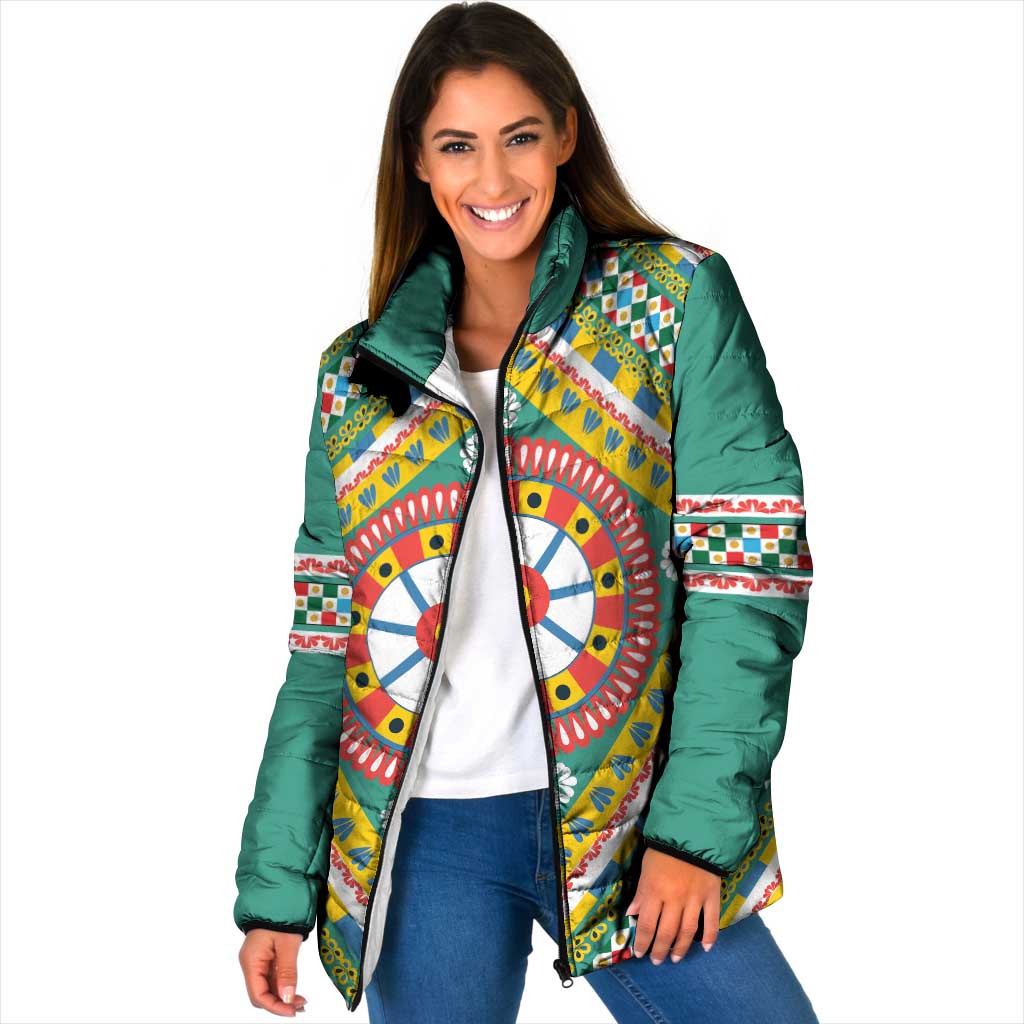 Sicily Italy Carretto Siciliano Padded Jacket Green Sicilian Cart Wheel Pattern