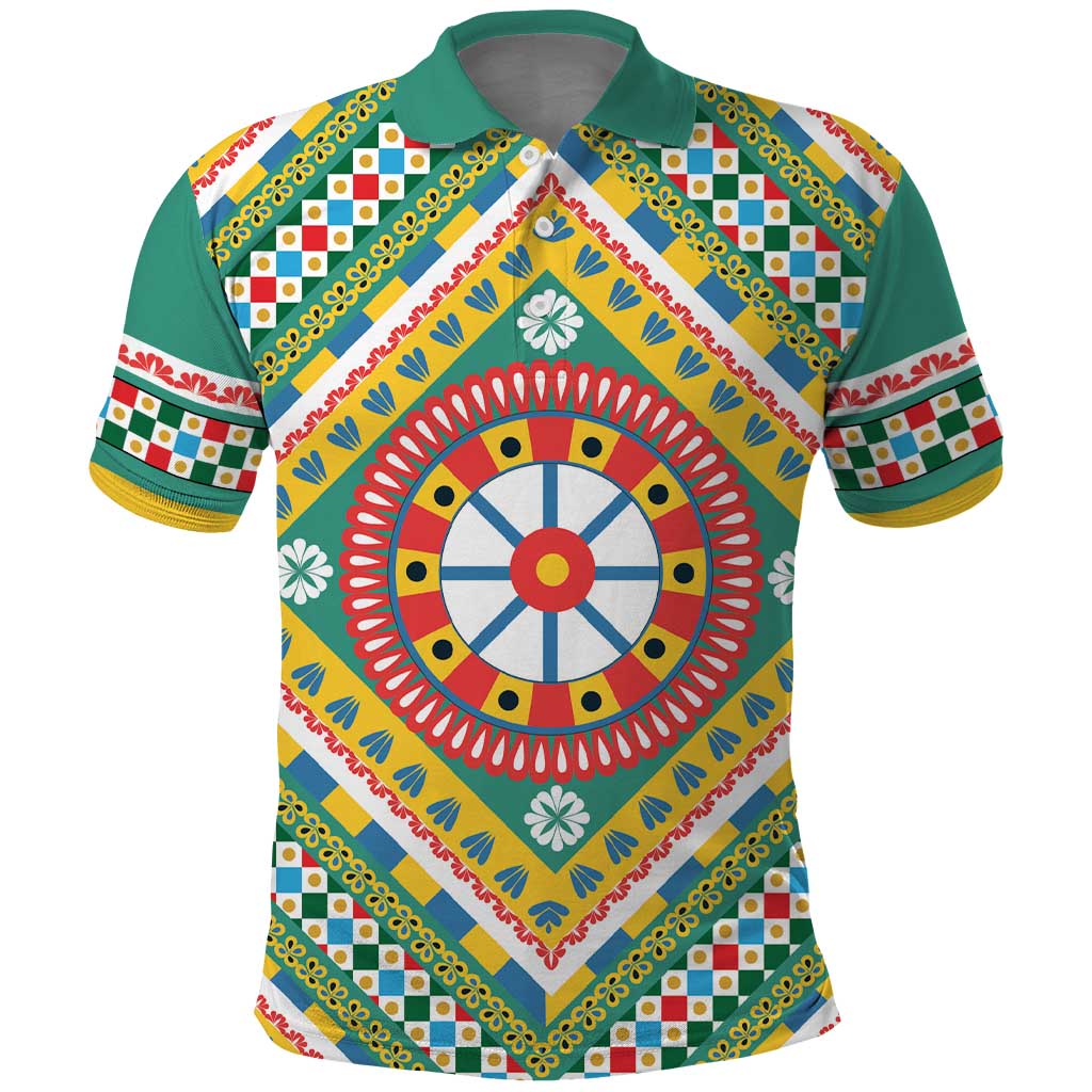 Sicily Italy Carretto Siciliano Polo Shirt Green Sicilian Cart Wheel Pattern