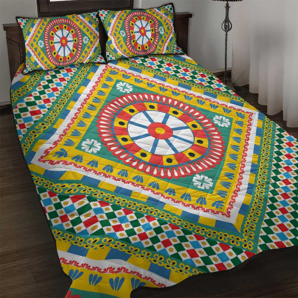 Sicily Italy Carretto Siciliano Quilt Bed Set Green Sicilian Cart Wheel Pattern