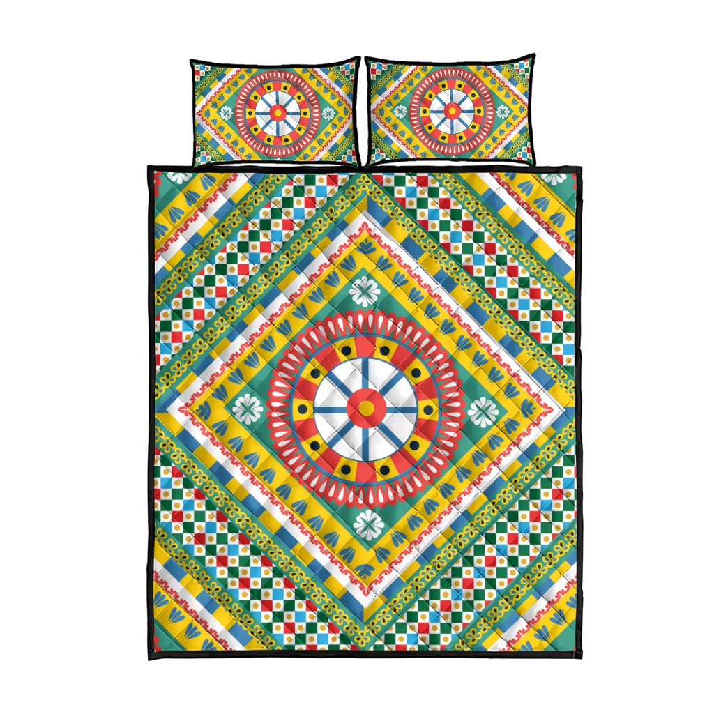 Sicily Italy Carretto Siciliano Quilt Bed Set Green Sicilian Cart Wheel Pattern
