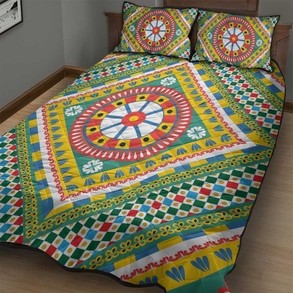 Sicily Italy Carretto Siciliano Quilt Bed Set Green Sicilian Cart Wheel Pattern