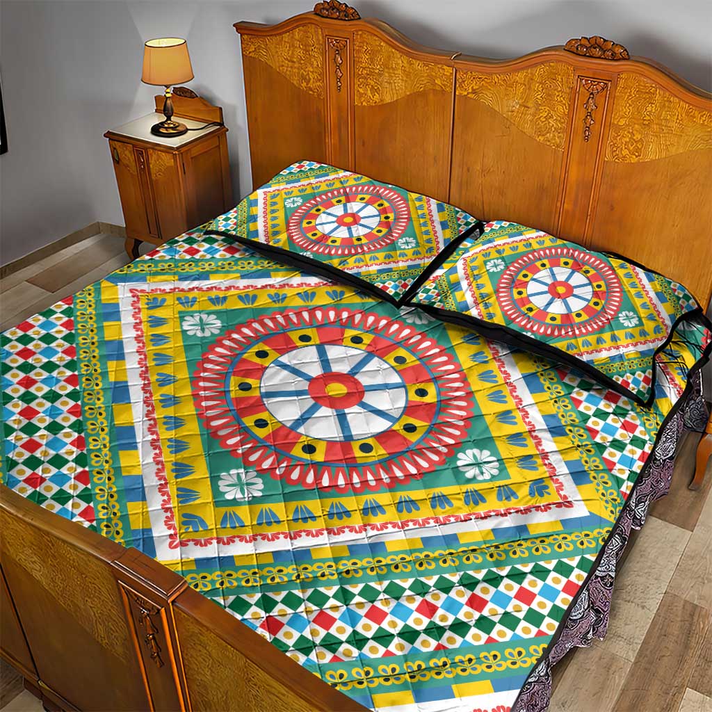 Sicily Italy Carretto Siciliano Quilt Bed Set Green Sicilian Cart Wheel Pattern