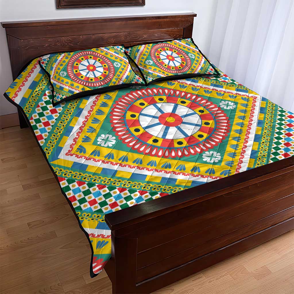 Sicily Italy Carretto Siciliano Quilt Bed Set Green Sicilian Cart Wheel Pattern