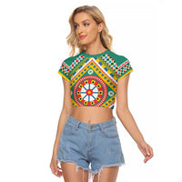 Sicily Italy Carretto Siciliano Raglan Cropped T Shirt Green Sicilian Cart Wheel Pattern